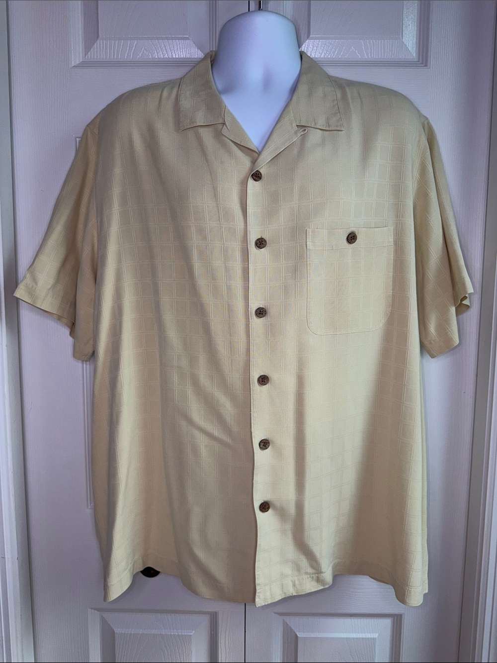 CARIBBEAN Silk Short-Sleeve Button-Up Shirt Camp Collar Soft Yellow Mustard XL